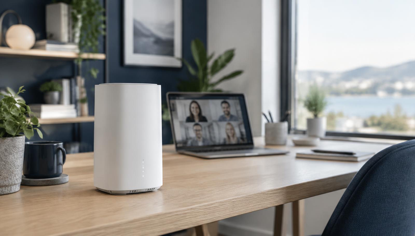 5G-router til erhverv står på et skrivebord på et dansk kontor med en bærbar computer i baggrunden